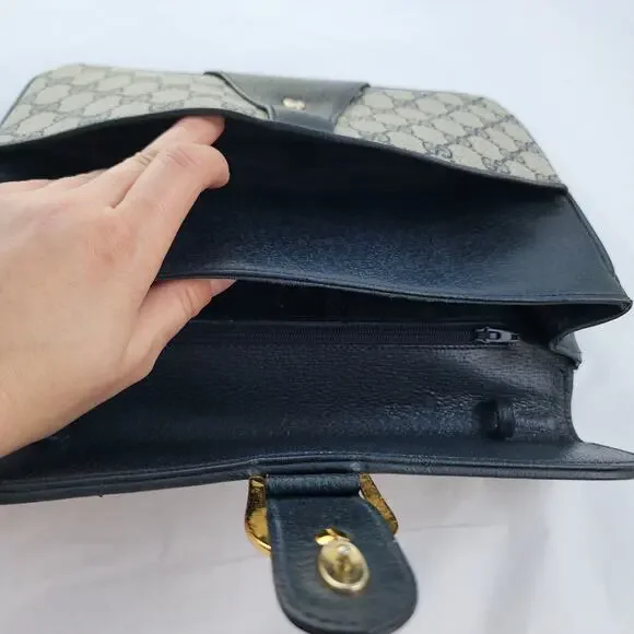 VINTAGE Gucci GG Web Coated Canvas Shoulder Bag Blue White Leather Trim Chain - Picture 9 of 14